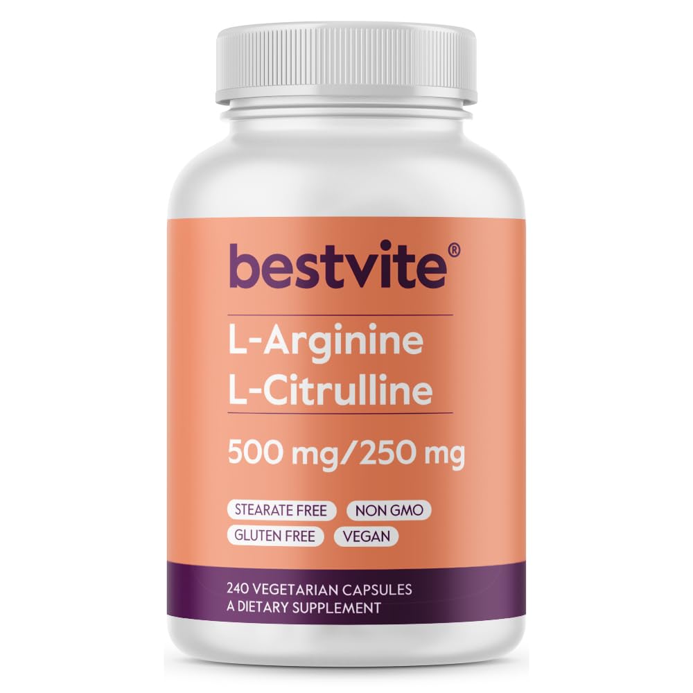 BESTVITE L- Arginin L- Citrulin 500 mg / 250mg Vegan (240 Vegetariánských kapslí) - No Stearates - No Dicalcium Fosfát - Non GMO - Gluten Free