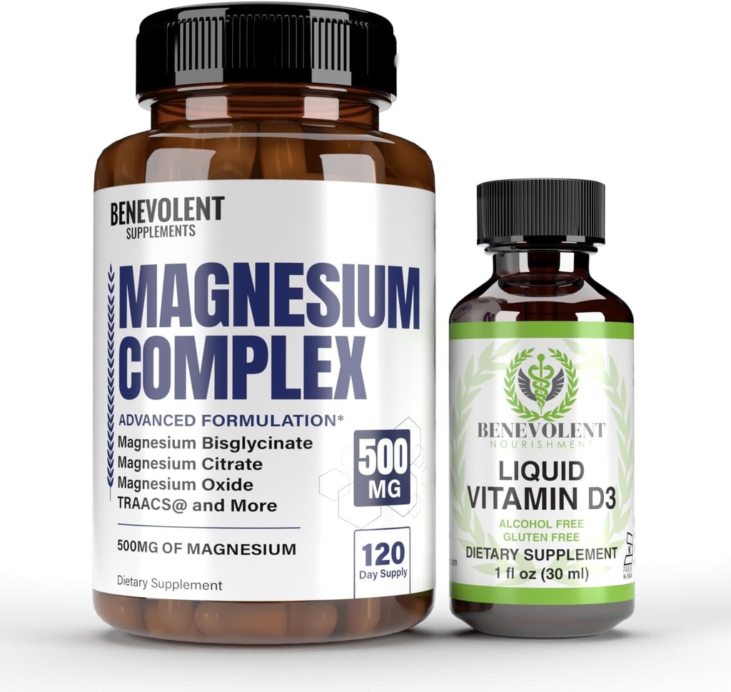 Komplex hořčíku s 5 nejlepšími formami a tekutým vitamínem D3 5000 IU Bundle - 4 měsíce Dodávka 500 mg Glycinátu hořečnatého, oxidu, taurátu, chelátu, magnesium- Spánková a imunitní podpora