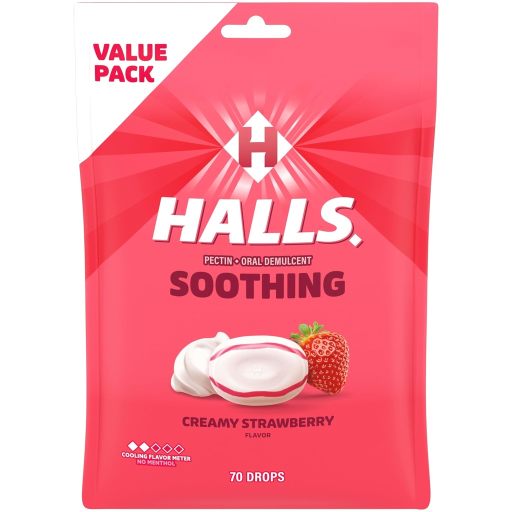 HALLS Throat Soothing (dříve HALLS Breezers) Creamy Strawberry Throat Drops, Economy Pack, 70 Drops