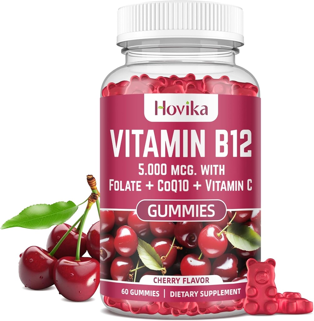 Vitamin B12 Complex 5000 mcg methyl B12, Adenosyl B12 & Hydroxy B12, s koenzymem Q10, folát, vitamín C, Žvýkací B 12 pro energetickou podporu, metabolismus, zdraví kostí - třešňový flavor