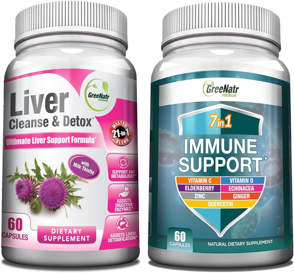 GreeNatr Komplexní imunitní a jaterní podpora směs - 7- in-1 Imunitní podpora dodatek s vitaminem C, Vitamin D3, Zinek a vyčištění jater Detox & Opravy Formule
