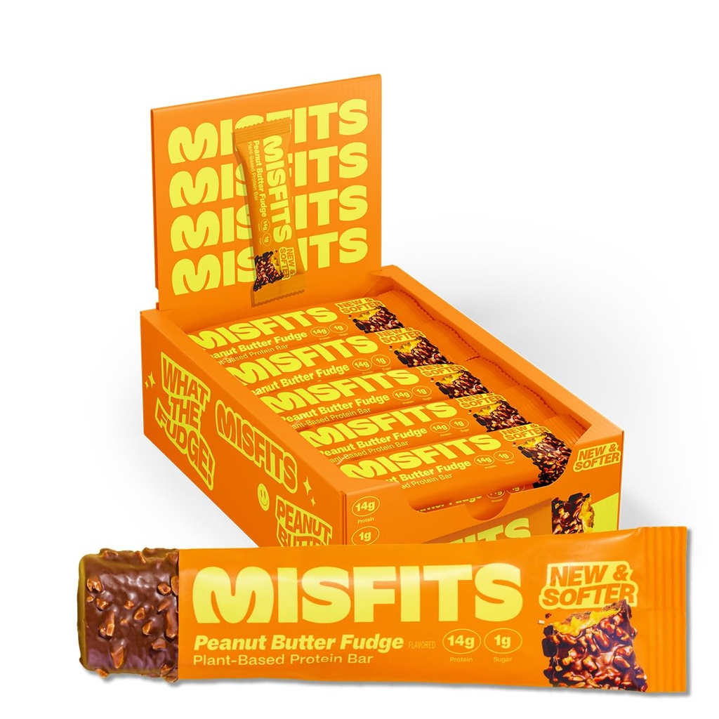 Misfit Vegan Protein Bary, Arašídové máslo Fudge - Aktualizováno recept 124; Plant based, Nízký cukr & Karb, High Fiber Snacks Of 124; Balení po 15