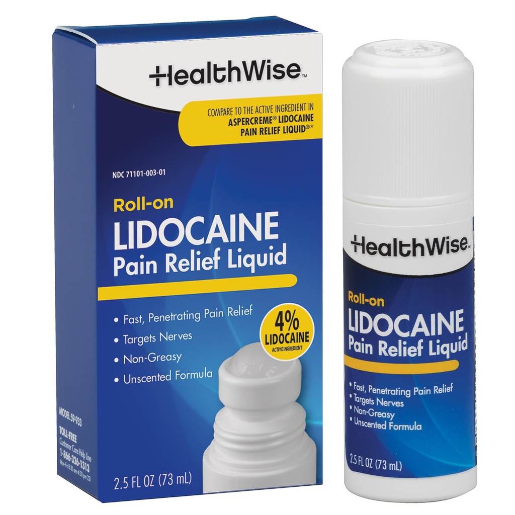 HealthWise 4% Lidokain Roll- On current 124; OTC síla current 124; Pain Relief Liquid currency 124; 2.5 oz. 73 ml current 124; Non- Greasy, Unsent Formule current 124; Topical Anestetic