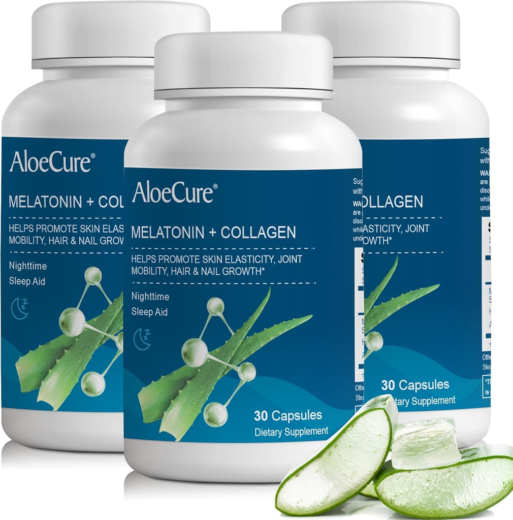 AloeCure Natural Melatonin + kolagen s organickou aloe Vera - Příplatek přírodní spánkové pomoci pro klidné noci - Komplex kolagen pro společnou sílu, elasticita kůže, růst vlasů a nehtů, 30 Kapsle