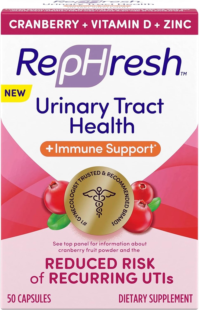Rephresh Cranberry Urinary Tract Health Plus Imunitní dodatek, smíchaný s vitaminem D + zinek - 50 Počet