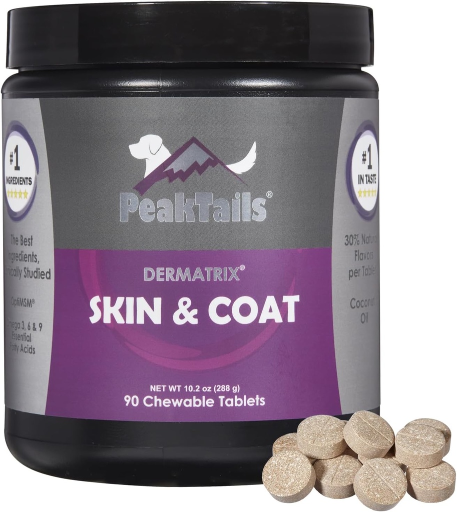 Kala Health PeakTails Kožní & Coat Podpora pro psy - 90 Žvýkací tablety s MSM, Fish Oil, Omega-3 & Omega-6 - Podporuje zdravou pleť, Shiny Coat