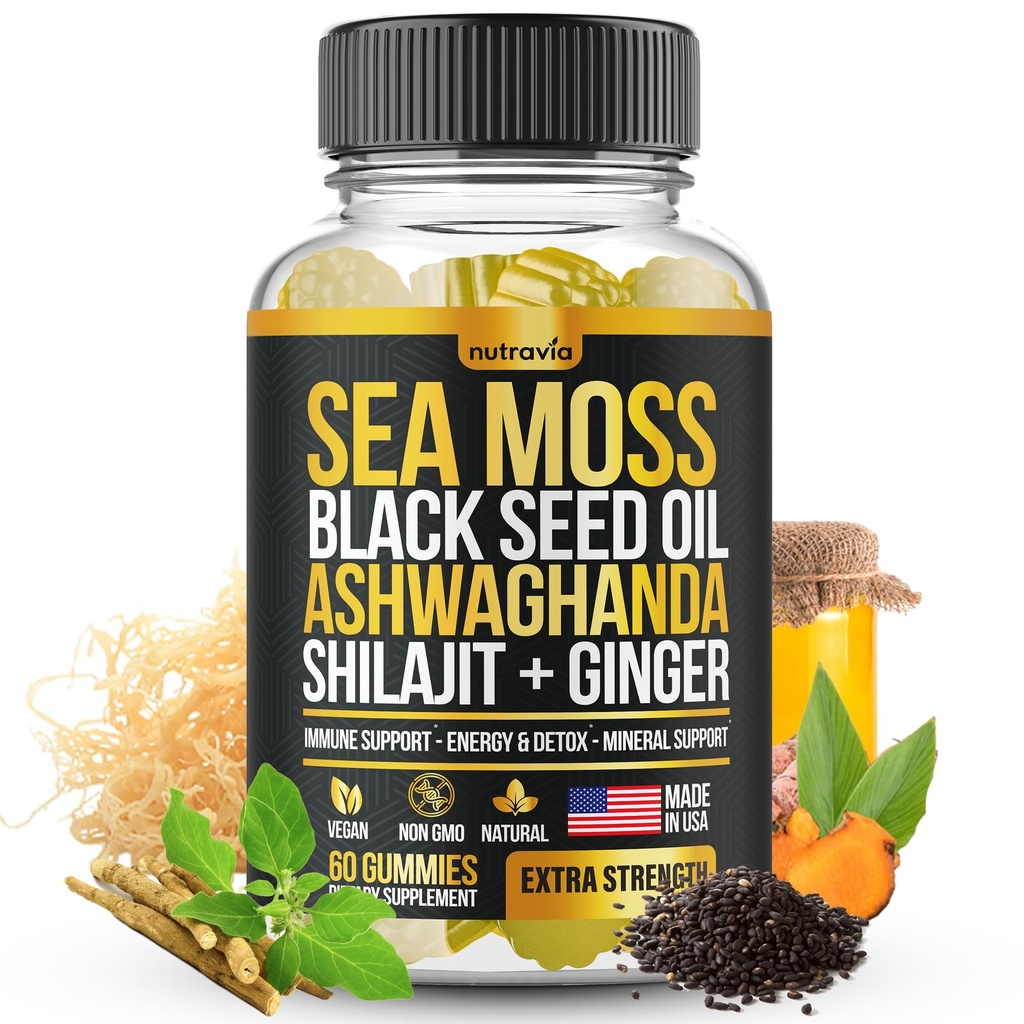 Mořský Moss, Black Seed Oil, Ashwagandha, Ginger, Shilajit Gummies s Elderberry, Chlorofyl, Turmeric Bladderwrack Moss Gummies Advanced Force Formule - Vše v 1 Bundle - USA Made (60 Gummies)