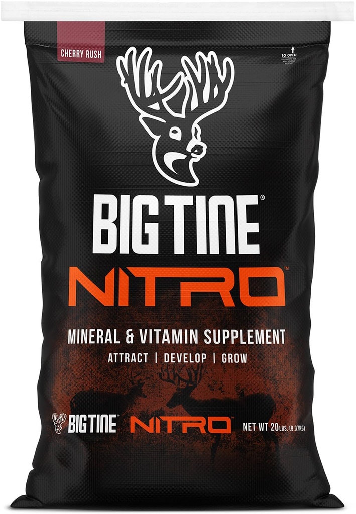 Big Tine Nitro, Deer dodatek, 20 liber Bag, Cherry Rush Scent, Výkonný a Dlouhé Trvalé Scent, Vysoká Biologická dostupnost, Baleno s vitamíny a minerály