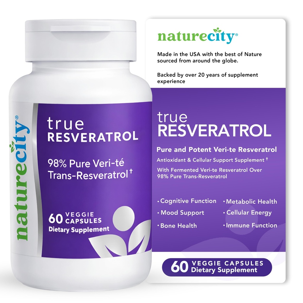 NatureCity TrueResveratrol - Resveratrol Supplement & Anti- Aging Support with 75mg Trans- Resveratrol (98% Pure Veri-te) for Heart, Imunity, Bone & Cognitive Health PHARM124; 60 Veggie Kapsle