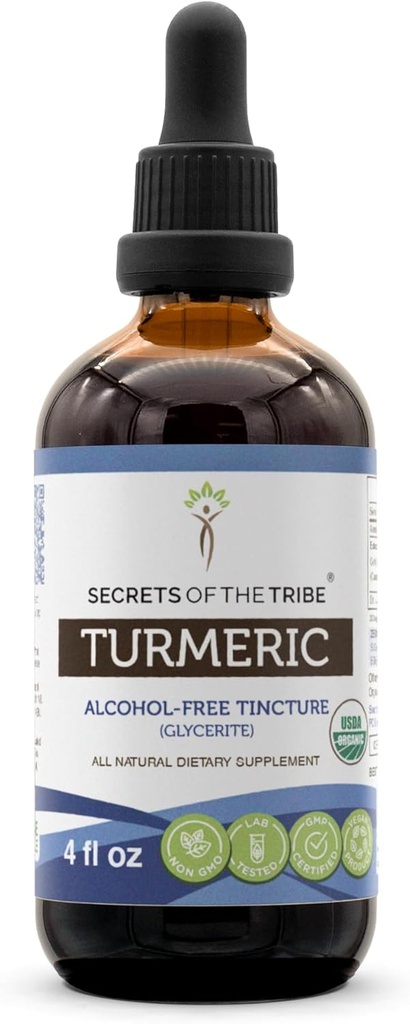 Kurkuma USDA Organic Tincture Alcohol- Free Extract, Kurkuma Longa (Kurkuma Longa) Sušená kořenová tinktura dodatek (4 FL OZ)