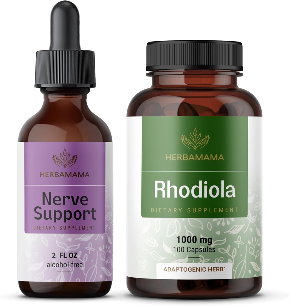 HERBAMAMA Nerve Support and Rhoddiola Kit - Bundle of Nerve Support Liquid Complex 2 fl oz & Rhoddiola Rosea Capsules - Vegan, Non- GMO, Sugar & Alcohol- Free, 2 Pack