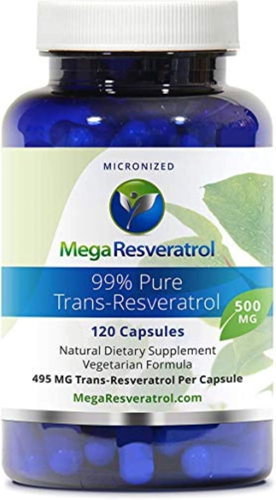 Mega Resveratrol, léková forma, 99% čistý, izolát, mikronizovaný transveratrol, 120 Veggie Caps, 500 mg v jedné tobolce. Čistota ověřena. Absolutně NO Toxické "neaktivní" přísady přidány.