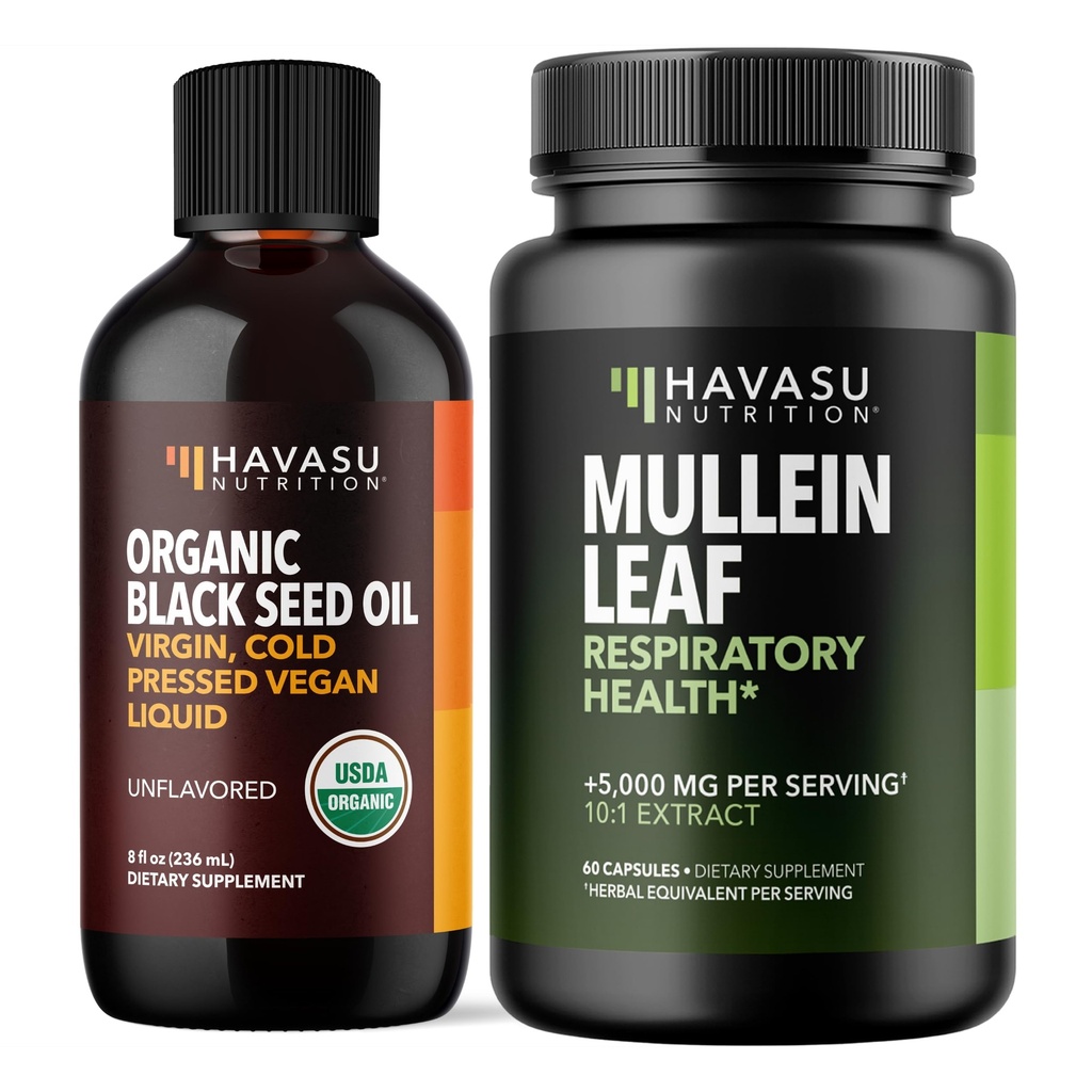 HVASU NUTRITION Organic Black Seed Oil Liquid + Mullein Leaf Kapsle Bundle