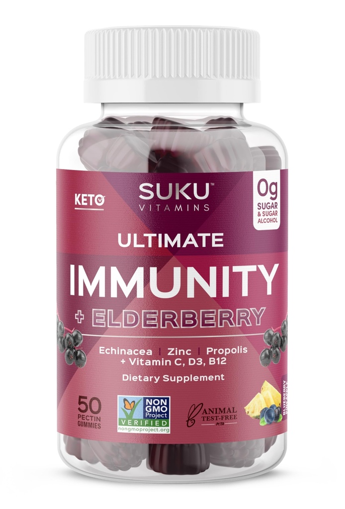 Suku Vitamíny - Ultimate Immunity - Elderberry Echinacea a Propolis Gummies for Immunication Support, Easy to Chew - Non GMO, gluten Sugar Free - Granátová limetka ochucená Gummy Vitamíny, 50 Počet