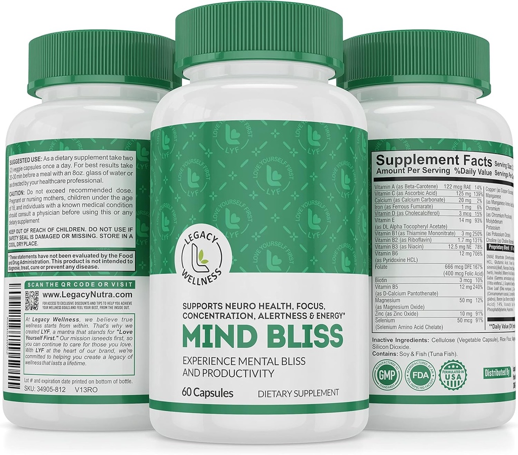 Mysl Bliss Mozek Dodatek: 40- Ingredience Paměť, Focus & Clarity Vitaminy, Energy Boost & Nootropní Podpora s DMAE, 60 pilulky