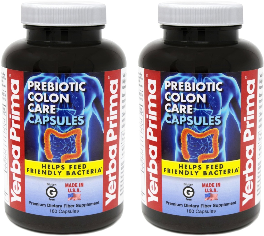 Yerba Prima Prebiotic Colon Care Kapsle Dietní Vláknina, 180 Počet, (Balení 2) - Pět forem Fiber Plus FOS Prebiotika Dodatek - Rozpustné a nerozpustné pro Regularitu a stravitelnou podporu