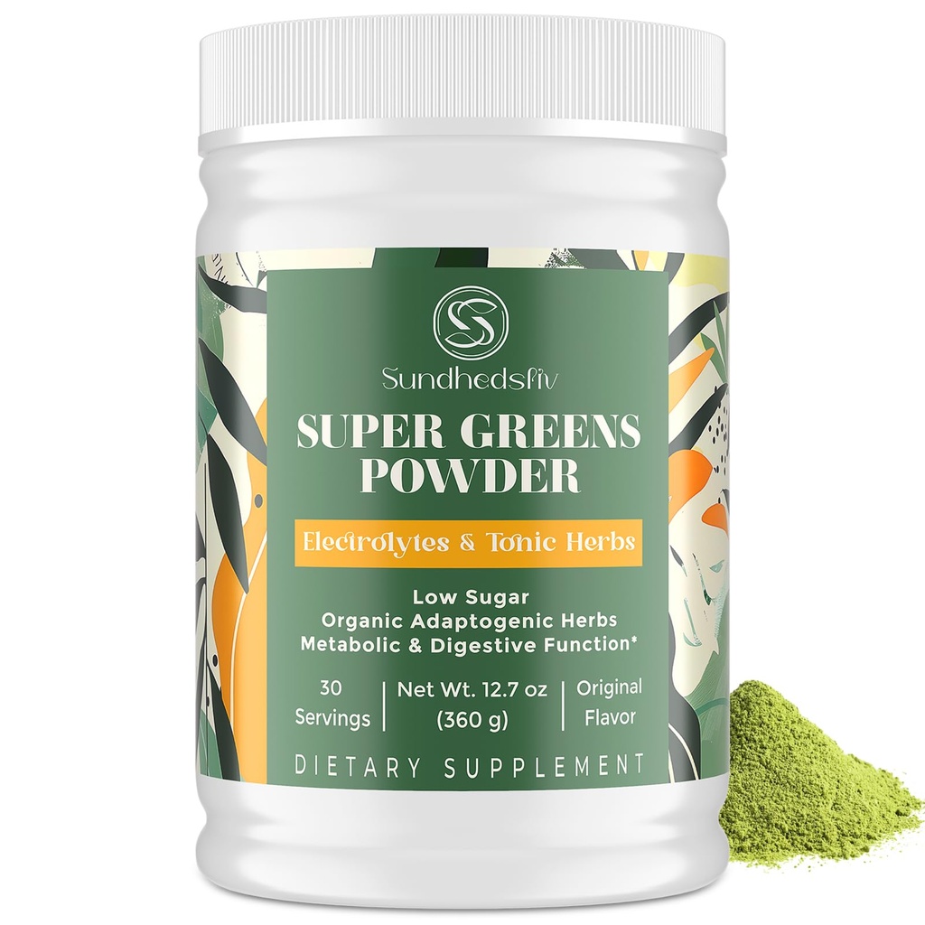Super Green Powder Superfood + Electrolytes & Tonic Byliny 124; Organic Green, Shilajit, Adaptogens, Antioxidanty, Preobiotic & Probiotic & Postbiotic CU124; pro energii, Gut & Imunitation CU124; Neochucené - 30 Služeb