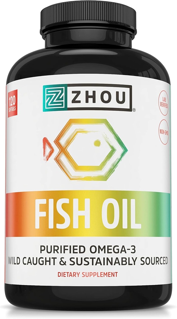 Zhou Fish Oil - Rybí olej dodatek pro ženy a muže, Omega 3 mastné kyseliny, přírodní zdroj DHA & EPA pro dospělé, bezproblémové, čisté, srdce a společné zdraví - 120 Softgels