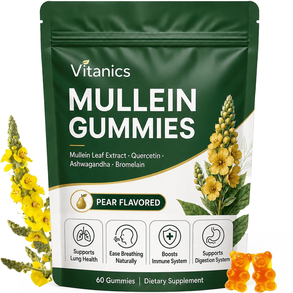 Mullein Gummies, Denní Respirační Zdraví Gummies, 1000mg Mullein Leaf bylinné Extract, Hruška Flavor, Lung zdraví & Sinus Relief (30 Day Supply)