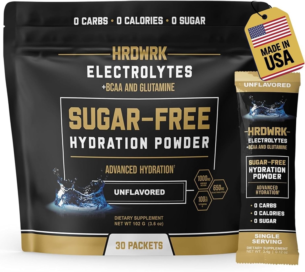 HRDWRK Electrolytes Powder Packets with Magnesium, Draslík Sodná, Keto Hydration Packets - BCAA Electrolyte Powder Packets with glutamine, 30 Electrolytes Powder Packets Sugar Free (bezochucené)