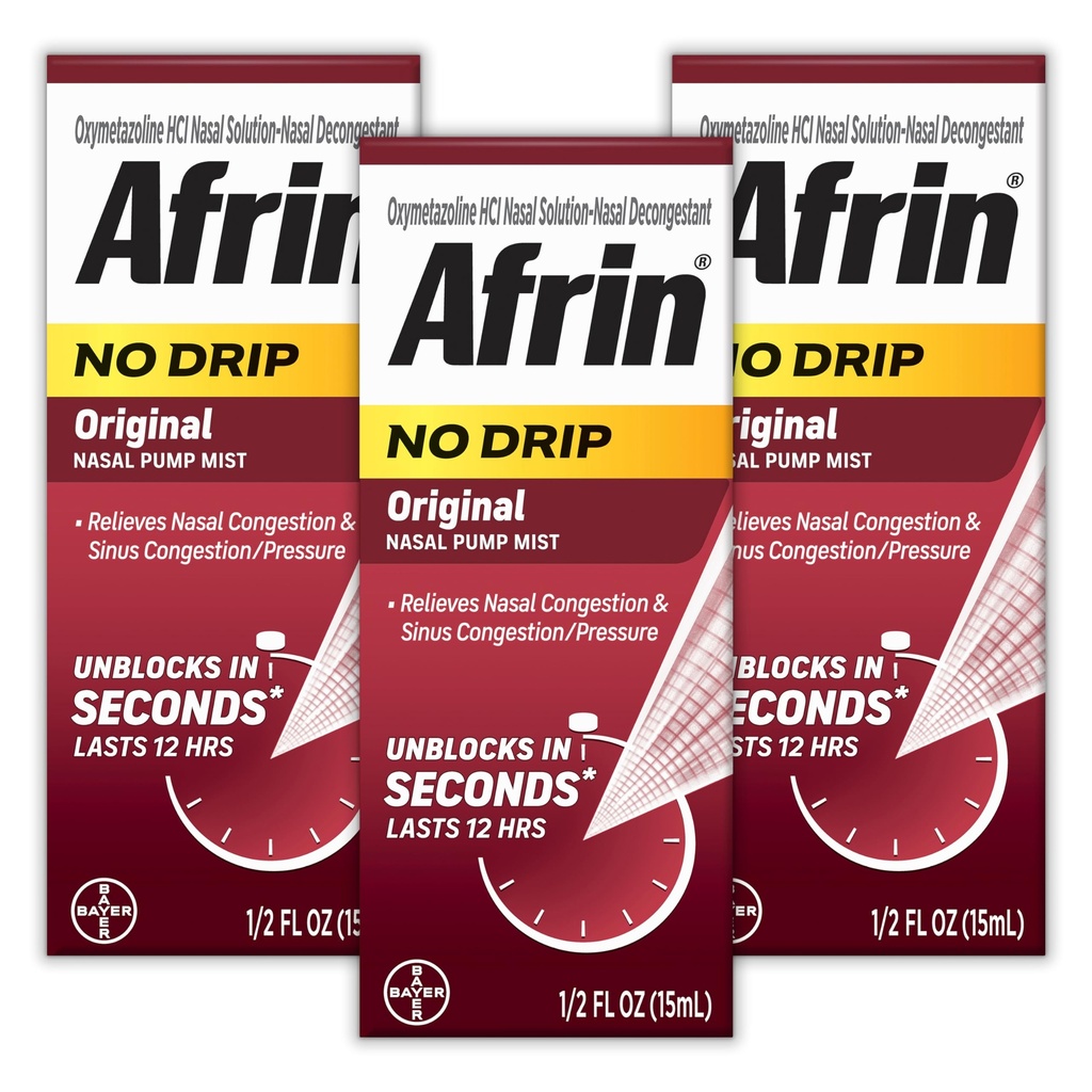 AFRIN No Drip Original Nasal Mist Triple Pack, Non- Drowsy, Fast- acting Decongestant for Nasal Congestion and Sinus Pressure Relief, Dospělí a děti 6 a starší, .5 fl oz (Pack of 3)