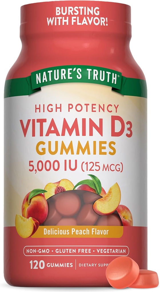 Nature 's Truth Vitamin D3 Gummies PHAR124; 5000 IU PHARMAN 124; 120 Count PHARMAN 124; Vegetarian, Non-GMO & Gluten Free Supplement PHAR124; Natural Peach Flavor, Balení po 1