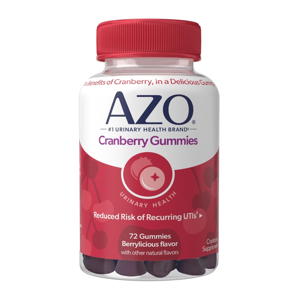 AZO Cranberry Močové Trakt Zdraví Gummies Dietní dodatek, 2 Gummies = 1 Sklenice brusinkové šťávy, Pomáhá čistit a chránit, Přírodní Berrylicious Flavor, Non- GMO, 72 Gummies