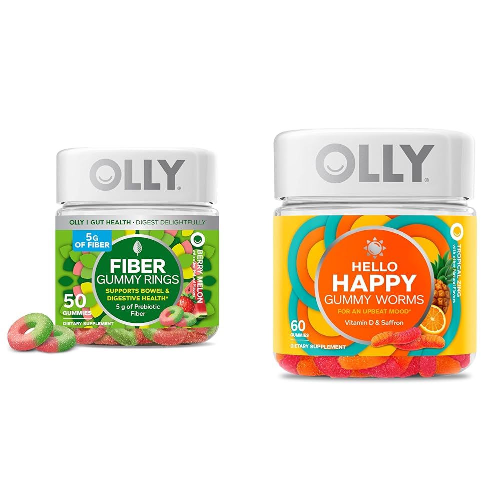 OLLY Fiber Gummy prstence, 5g Prebiotický Fiber, FOS (Fructooligosacharidy), stravovací podpora & Hello Happy Gummy Worms, Mood Balance Support, Vitamin D, Saffron, Dospělý Žvýkací doplněk