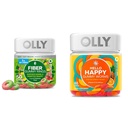 OLLY Fiber Gummy prstence, 5g Prebiotický Fiber, FOS (Fructooligosacharidy), stravovací podpora & Hello Happy Gummy Worms, Mood Balance Support, Vitamin D, Saffron, Dospělý Žvýkací doplněk