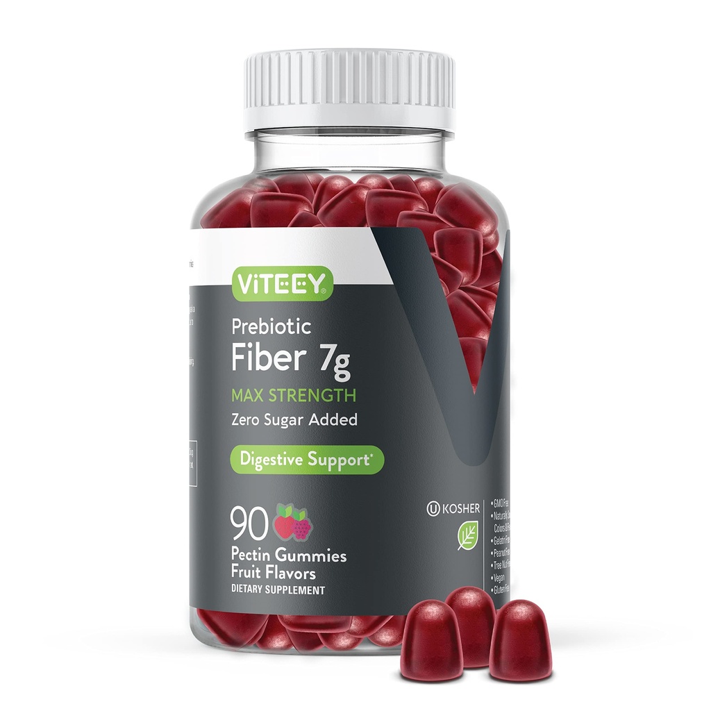 Viteey Prebiotic Fiber Gummies pro dospělé, 7g - Gut Health & Digestive Soluble Fiber Supplement Gummies - Nulový cukr přidaný, Vegan, gluten- Free - 90 Počet