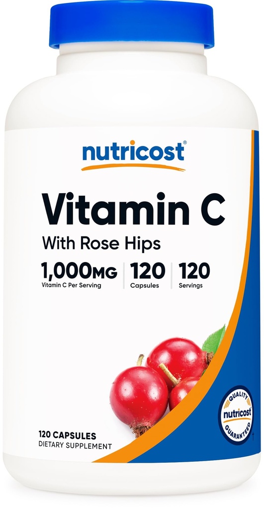 Nutricost Vitamin C s Rose HIPS 1025mg, 120 Kapsle - Vitamin C 1000mg, Rose HIPS 25mg, Premium, Non- GMO, gluten zdarma dodatek