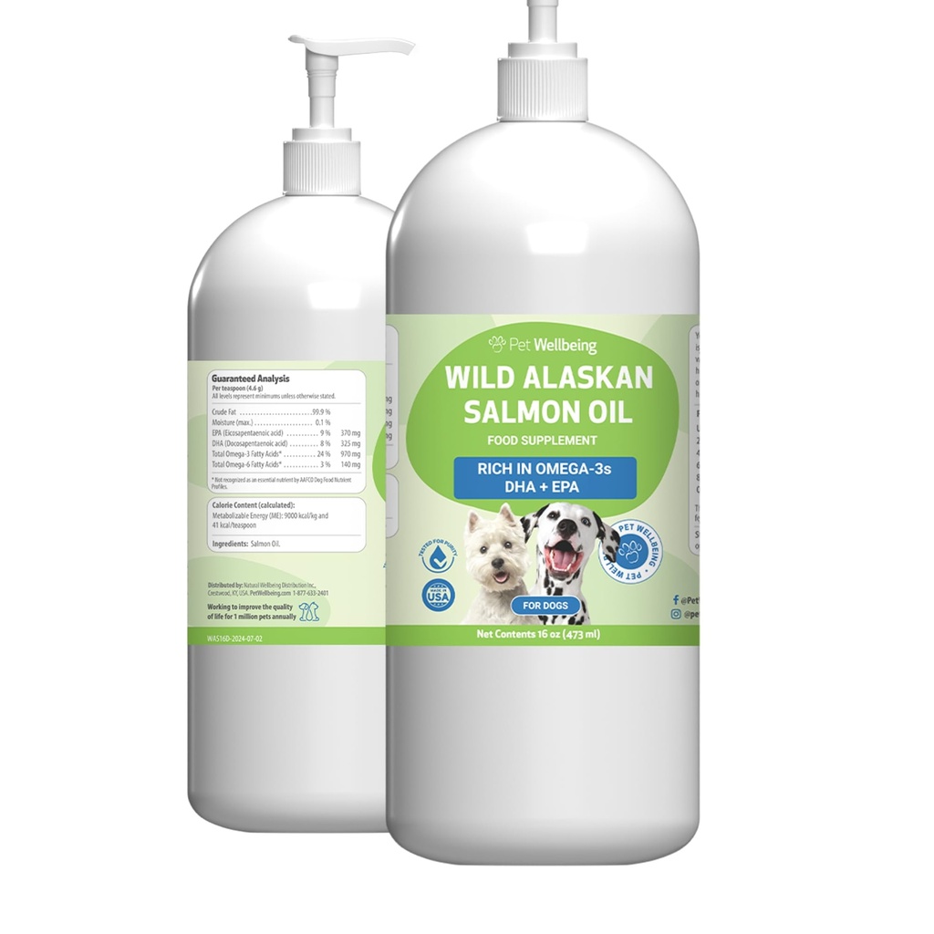 Pet Wellbeing Wild Aljašský losos olej pro psy - Wild- Catched, Cold- Zpracované, Denní Omega-3 Rybí olej pro zdravou srst a kůži, Společná mobilita a síla - EPA, DHA - 16 fl oz (473 ml)