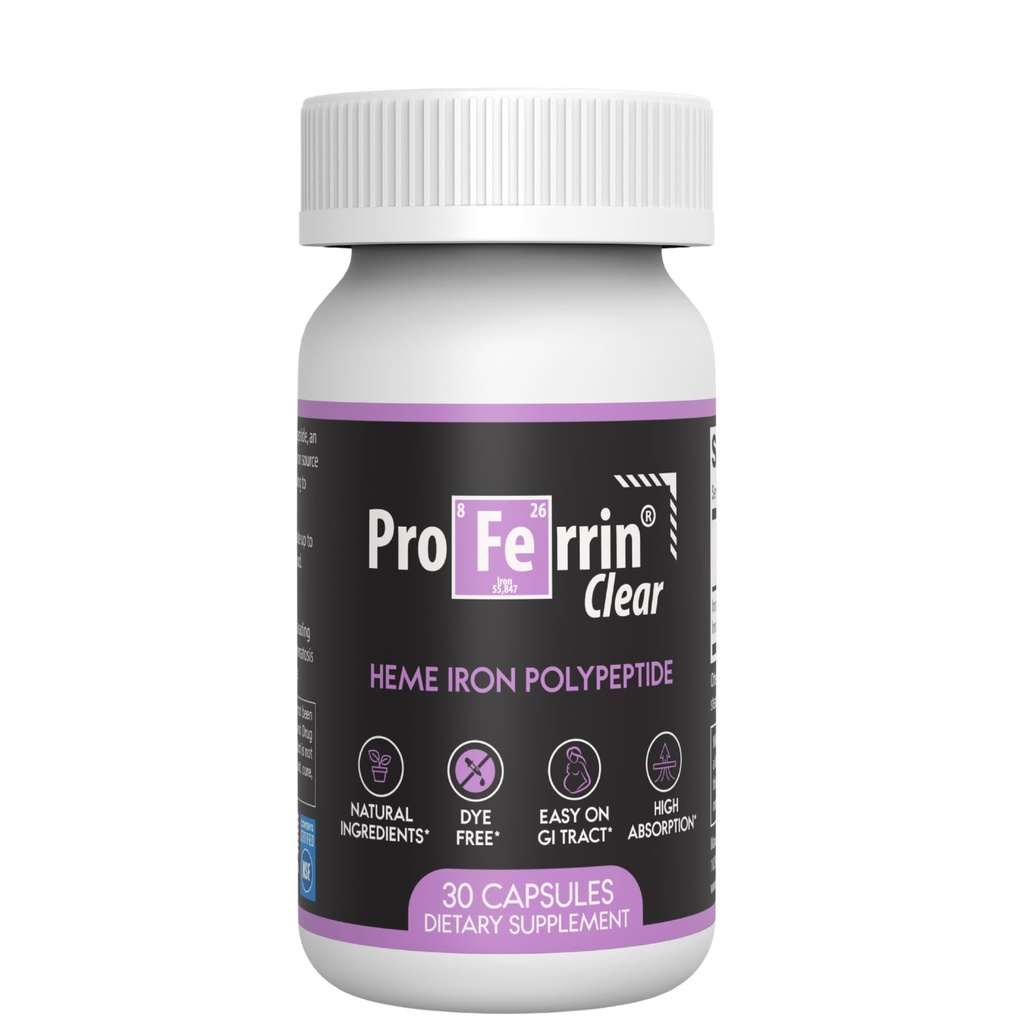 Proferrin Clear 30ct CLAS124; US Made heme Iron for high Absorption, Easy on GI Tract CLAS124; Natural, NSF Certified, barvivo bez