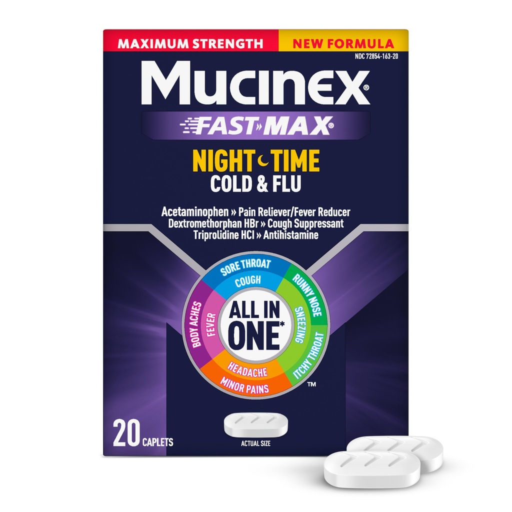 Mucinex Nightship Cold & Flu, Maximální síla Výkonné Multi- Symptom Nighttime Relief, 20 Rychlé uvolnění Kaplety - Reliever bolesti / Reducer horečky, Cough Suppressant, Antihistamin