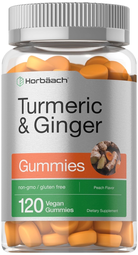 Horbäach Turmeric a Ginger Gummies CLANE124; 120 Count CLANE124; Peach Flavor CLANE124; Vegan Non- GMO & gluten zdarma dodatek