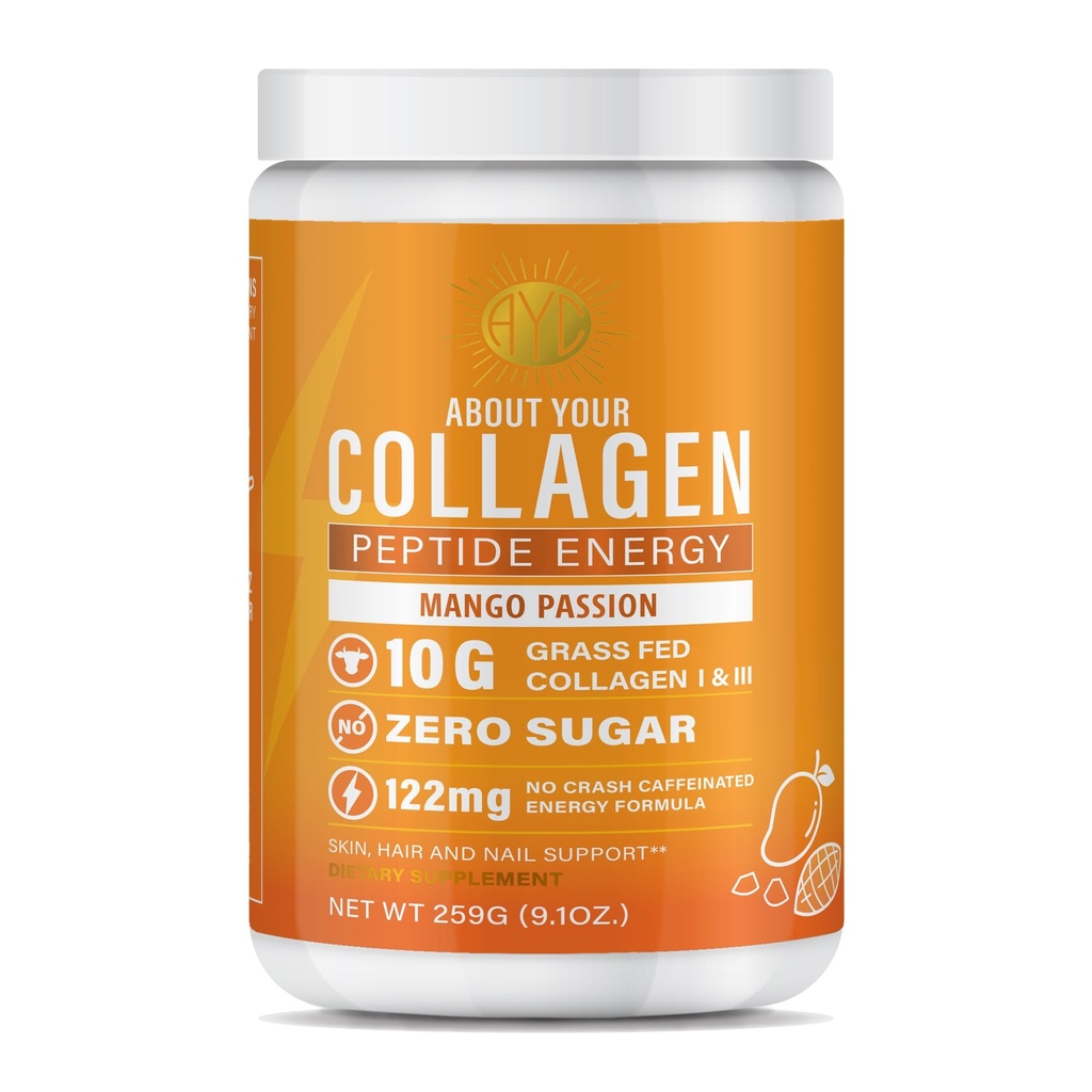 Peptid Energy kolagen Prášek vlasy, hřebík, kůže, typ I & III, kofein pro energii, vitamín C, Biotin, Hyaluronic acid, nula cukr - 8.92 oz (Mango Passion)
