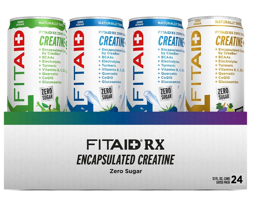 FITAID RX Zero Sugar, Enkapsulated Creatine, Workout Recovery Drink, All- In- One Blend, BCAA, Glucosamine, Turmeric, B-Complex, Electrolytes, Variety Pack, 12 Fl Oz (balení po 24)