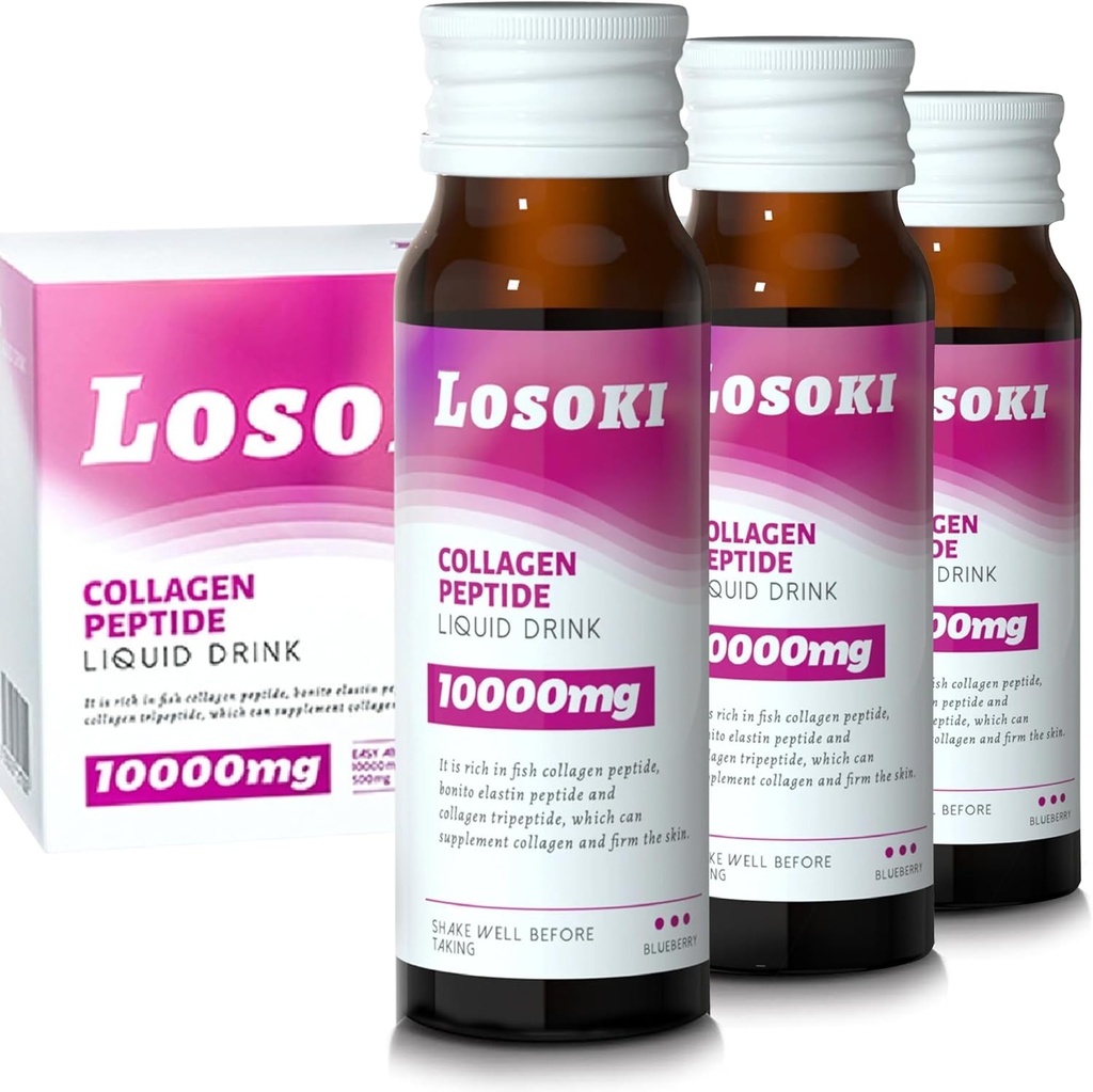 Losoki Liquid Collagen Peptide Drink - 10000mg Hydrolyzované Marine Collagen Peptides s vitaminem C, Premium Směs, Podpora zdravé vlasy kůže nehty kosti, (1 box, 10 lahví)