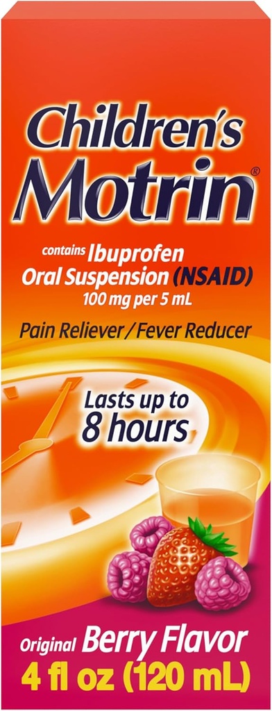 Motrin Oral Suspension Medicine, 100 mg Ibuprofen, Kids Fever Reducer & Pain Reliever for Minor Aches & Pains Due to Cold & Flu, Alcohol- Free, Berry Ochucené, 4 fl. oz