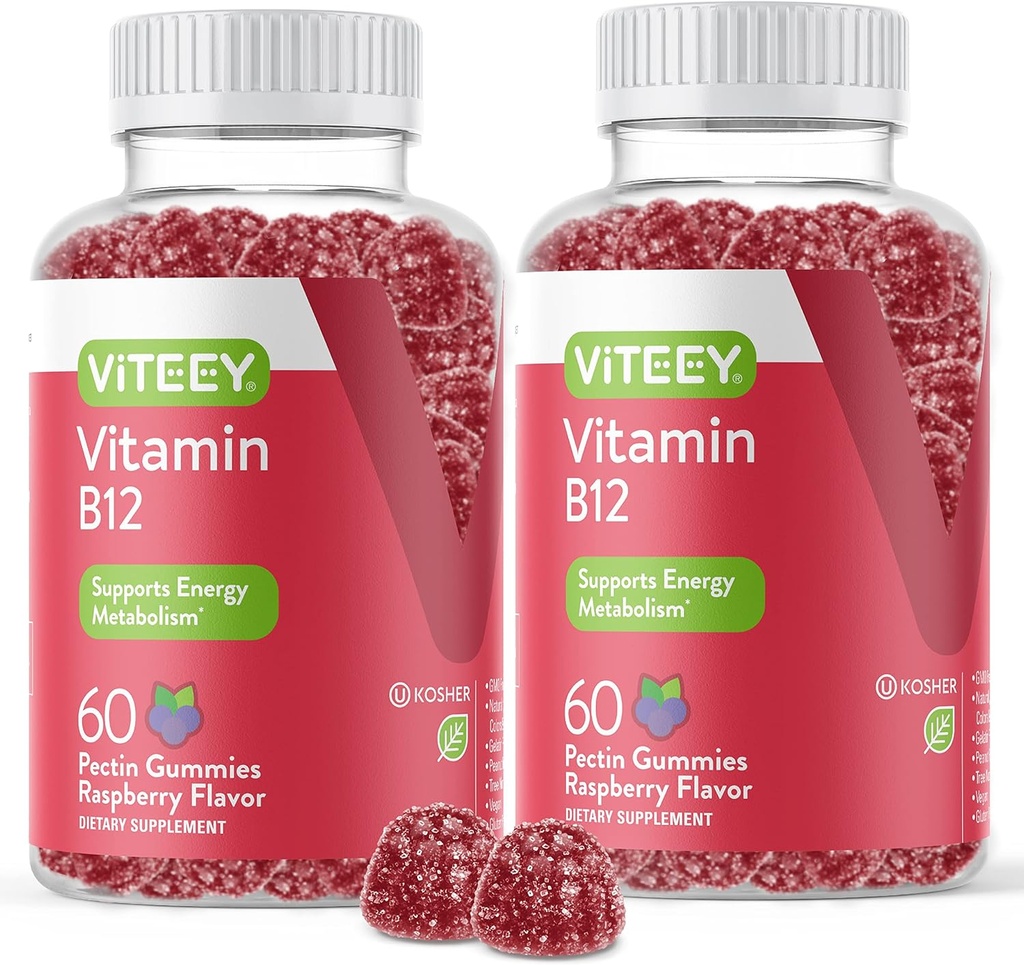 Viteey Vitamin B12 Gummies - Kognitivní podpora a energie Gummies - Vegan, želatina zdarma, gluten zdarma - 60 Počet