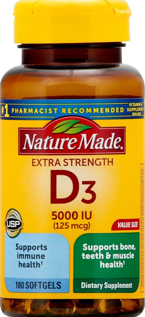 Extra síla vitamin D3 5000 IU (125 mcg), 180 Softgels Value Size, vysoká potence vitamin D pomáhá podporovat imunitní zdraví, silné kosti a zuby, & svalové funkce