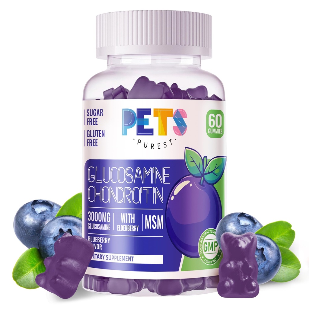 Purest Glucosamine Chondroitin Gummies s MSM & Elderberry Extra Strength - Společná podpora, Antioxidant Imunitní Supplement pro dospělé, Muži & Women.60 Borůvkové gumy