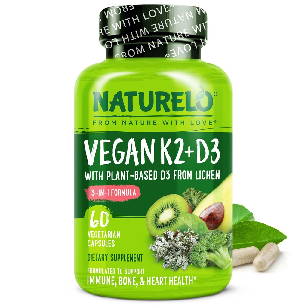 NATURELO Vitamin D3 K2 - Vegan s Plant Based D3 z Lichen - Přírodní doplněk pro imunitní systém, Kostní podpora, Zdraví srdce - Celé jídlo - Non- GMO - Gluten zdarma, 60 Kapsle