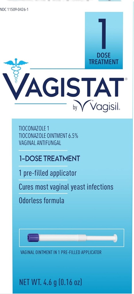 Vagisil Vagistat 1 den Jednorázová dávka Květina Infekce Léčba pro ženy, Antimykotická mast pomáhá zmírnit vnější svědění a podráždění, 1 Pre- vyplněný No Touch Vaginální aplikátor (Balení 1)