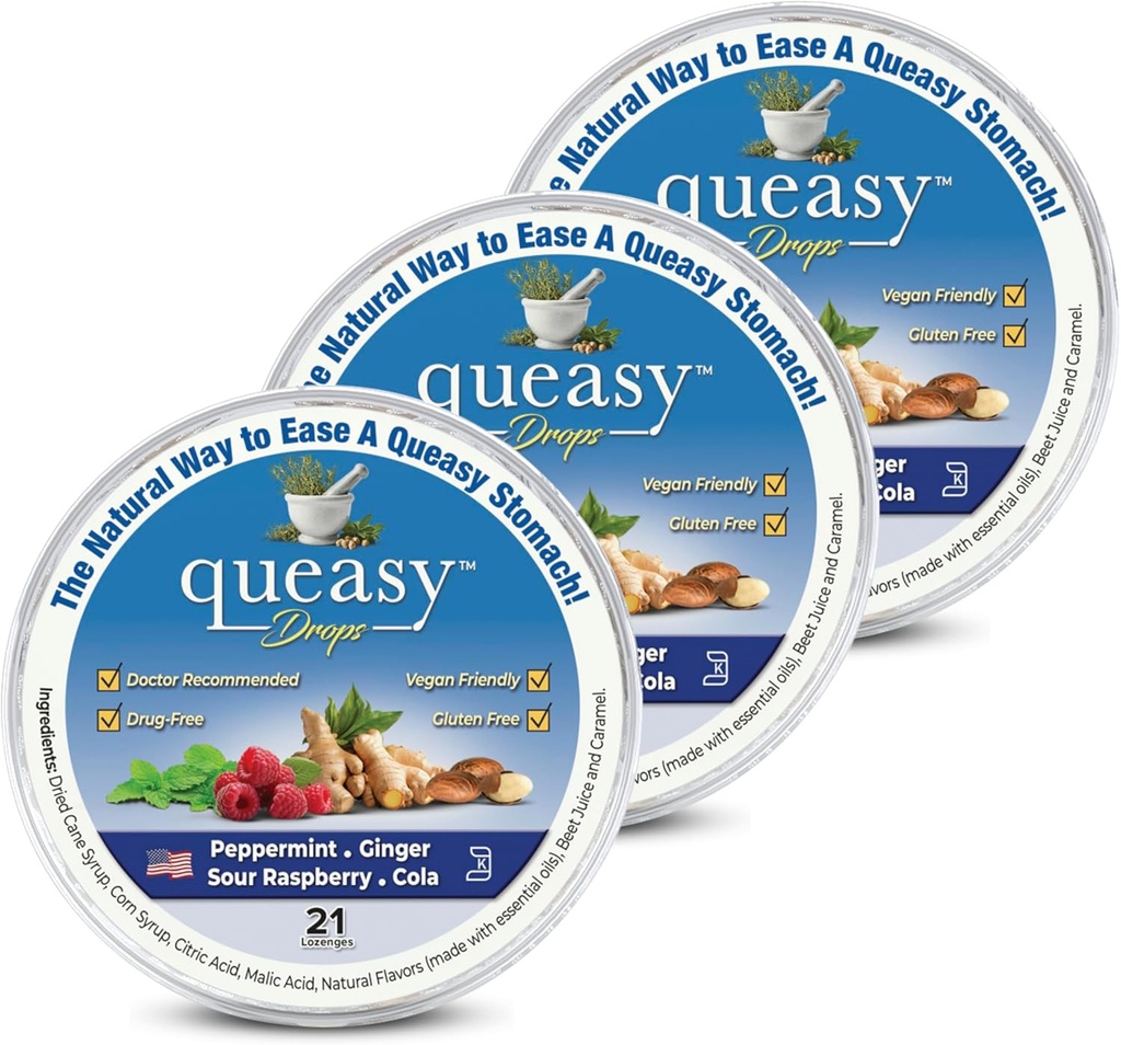 Tři Lollies Queasy Drops - Úleva od Nausea & Travel Nemoci - Uvolňuje sucho v ústech & Settles Žaludek - Přírodní přísady - 4 Flavors - 21ct (balení po 3)