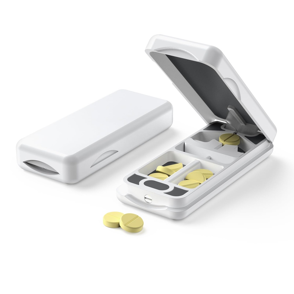 Pill Cutter s automatickým uzavíracím zařízením, hliníkový Pill Splitter s 316L nerezové čepele, Genuine kůže pouzdro, Profesionální Pill Splitter pro řezání malé pilulky nebo velké pilulky (Plastové, bílé)