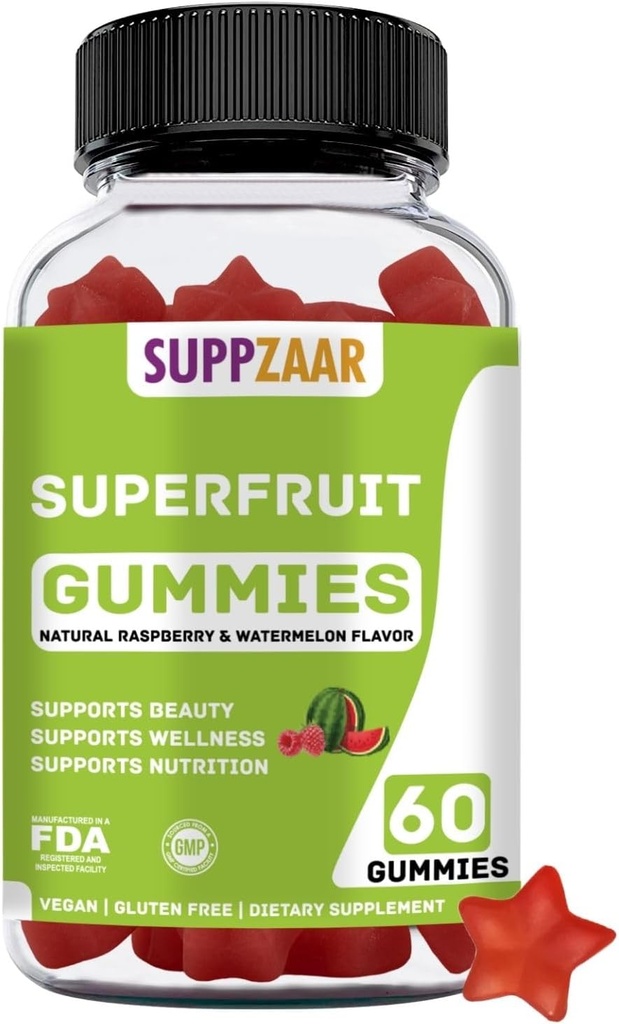 Vegan Supergruit Gummy Vitamíny. Supergruit Gummies w / Vitamin A C E Organic Silica. Supergruit pro kolagen Formation, Beauty & Glow. Plant- based, Non- GMO, gluten- Free, Gelatin- Free. 60 CT