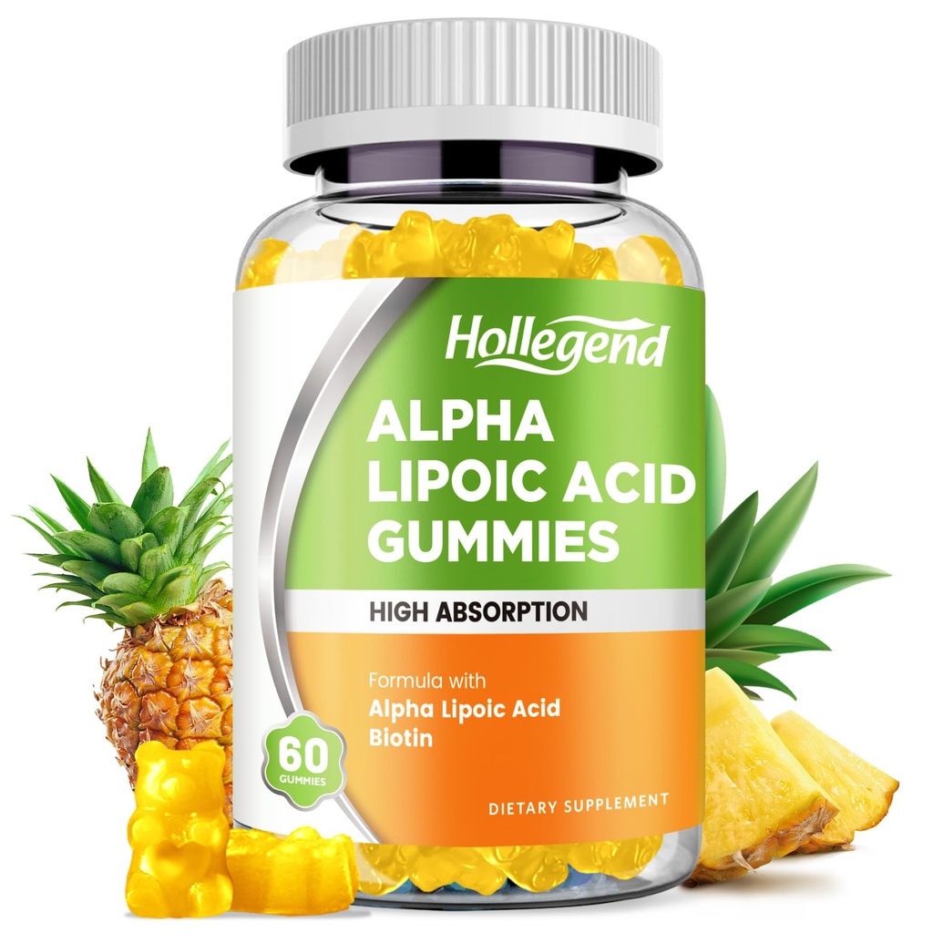 Alpha kyselina lipoová Gummies 1000Mg s Biotin, High Absorpční Žvýkací ALA dodatek pro antioxidant, Brain Health and Nerve Support, Ananas Flavor, Sugar Free, 60 Chews