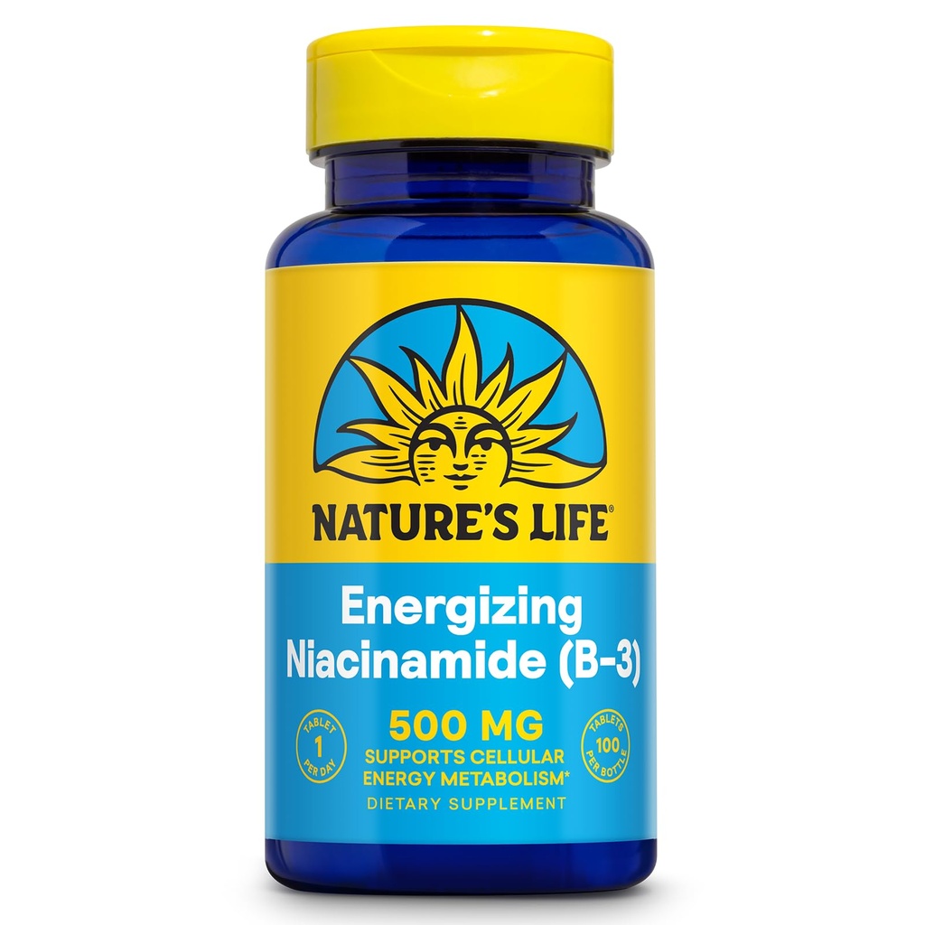 Nature 's Life Energizing Niacinamid 500mg - No Flush Vitamin B 3 Niacin dodatek - Nervová funkce, metabolismus a podpora zdravé energie - 60denní záruka, Laboratorní ověřené, 100 Služeb, 100 Tablet