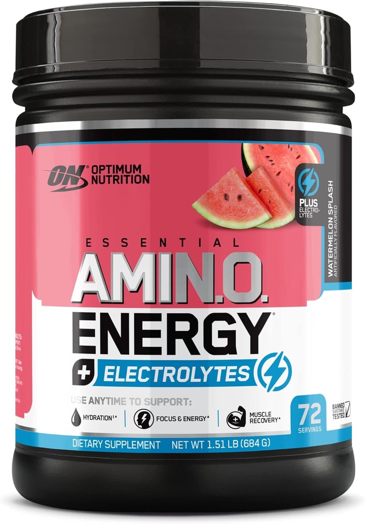 Optimum Nutrition Essential AMIN.O Energy & Electrolytes - Energy, Focus & Post- Workout Muscle Recovery - Watermeloun Pre- Workout Electrolyte Powder Drink - Meloun Splash, 1.51 LB (72 Služeb)